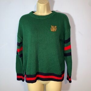 Forever 21 Green Sweater with Red black Stripes embroidered tiger varsity small